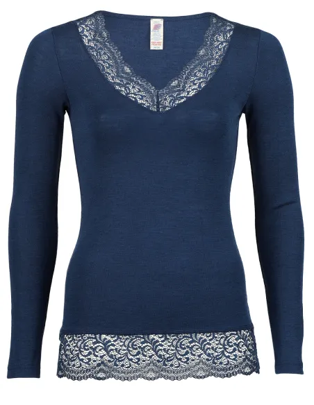 Damen Shirt Navy mit Spitzenabschluss Seide Wolle Engel Natur