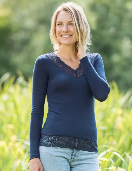 Damen Shirt Navy mit Spitzenabschluss Seide Wolle Engel Natur