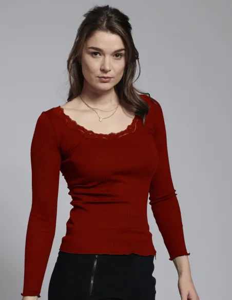 Langarmshirt Seide - Baumwolle Spitzendetail Kokon Zwo
