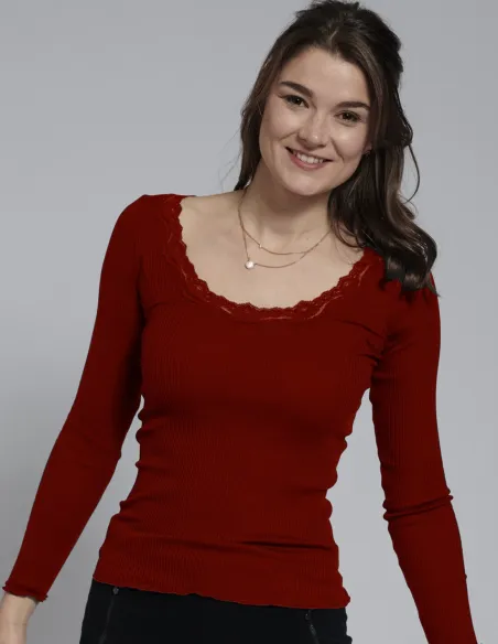 Langarmshirt Seide - Baumwolle Spitzendetail Kokon Zwo