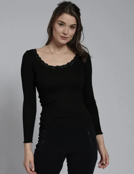 Langarmshirt Seide - Baumwolle Spitzendetail Kokon Zwo