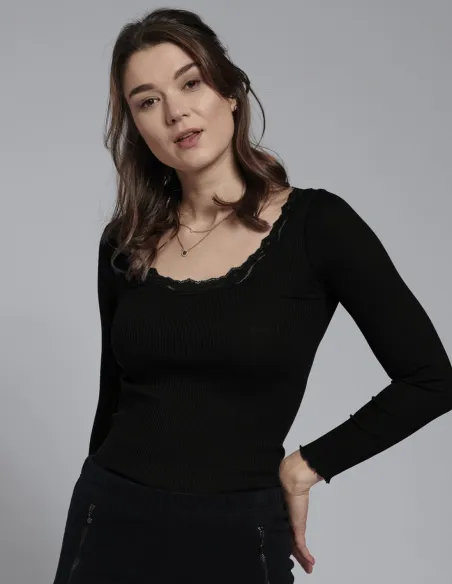 Langarmshirt Seide - Baumwolle Spitzendetail Kokon Zwo