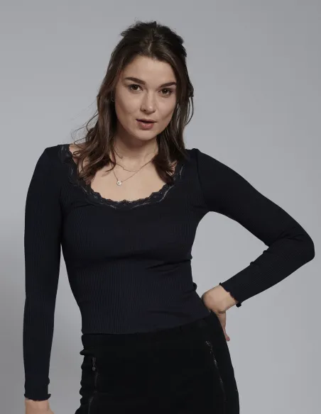 Langarmshirt Seide - Baumwolle Spitzendetail Kokon Zwo