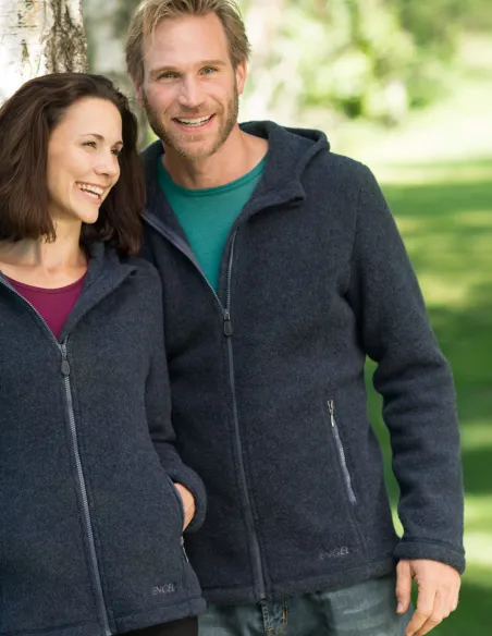 Fleece Jacke mit Kapuze tailliert Herren Merino Schurwolle Engel Herren Fleece Jacke mit Kapuze tailliert Bio