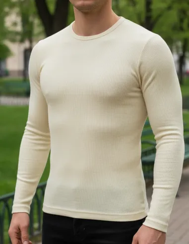 Shirt Langarm Cremeweiß Herren Merino Schurwolle Engel Natur