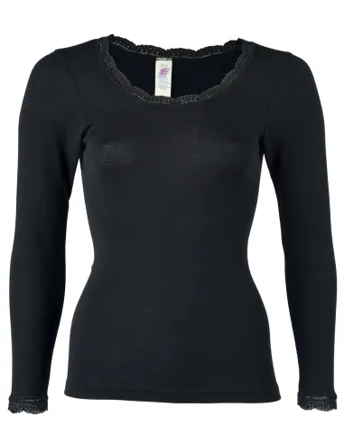 Damen Shirt mit Spitzenabschluss Seide Wolle Engel Natur
