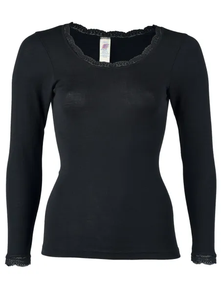 Damen Shirt mit Spitzenabschluss Seide Wolle Engel Natur